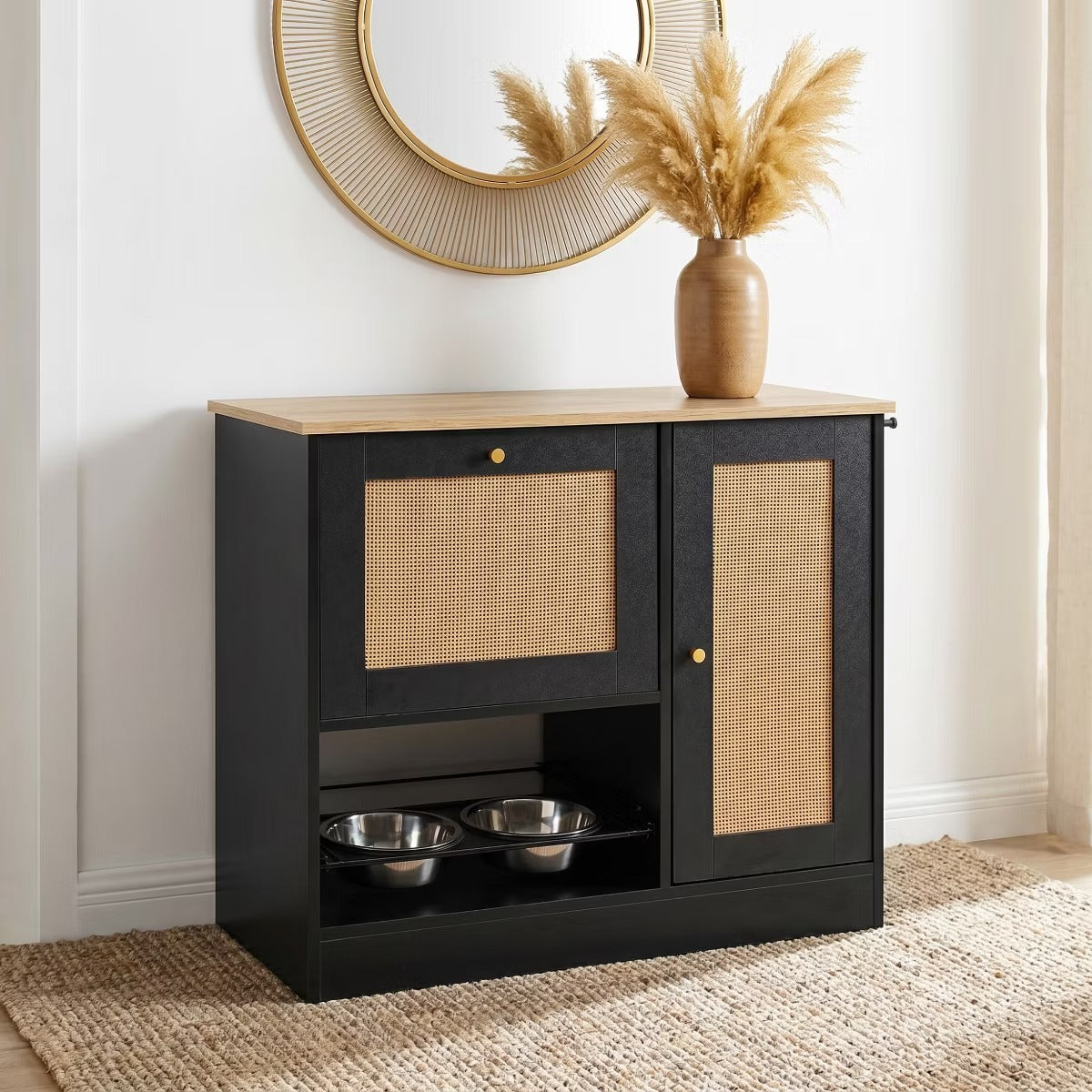 Utility Storage Cabinet with Rattan Doors and Built-In Pet Feeder