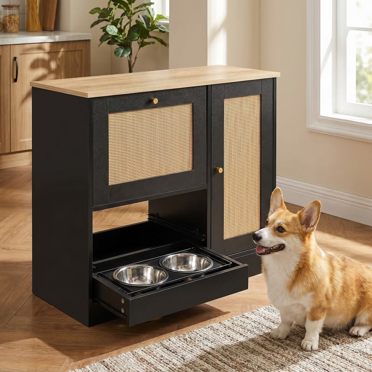 Utility Storage Cabinet with Rattan Doors and Built-In Pet Feeder