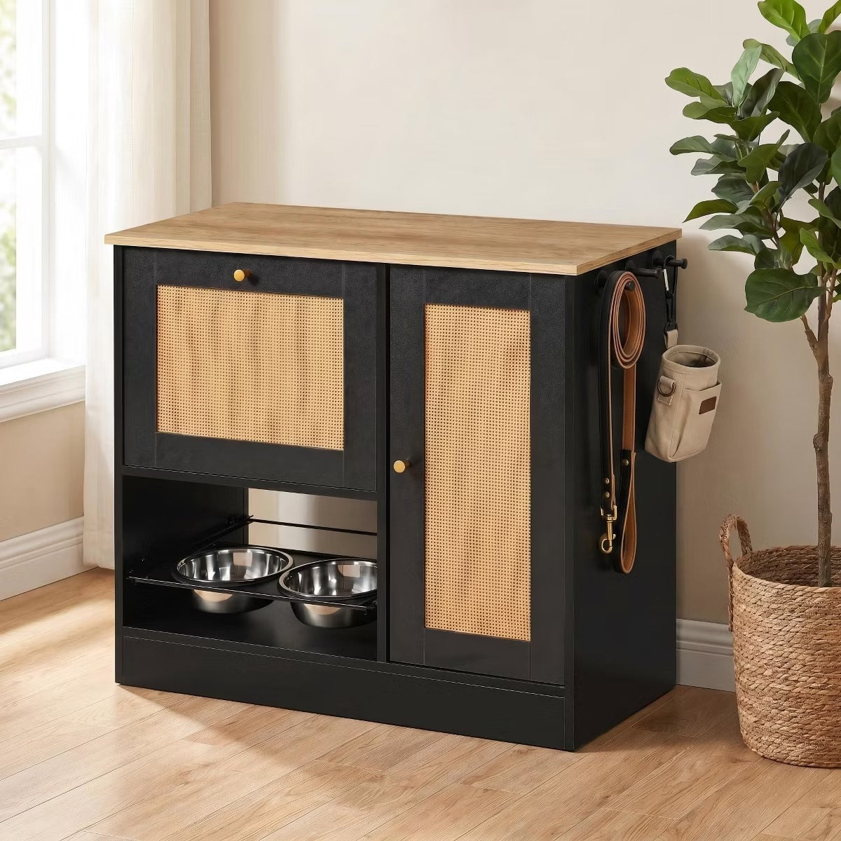 Utility Storage Cabinet with Rattan Doors and Built-In Pet Feeder