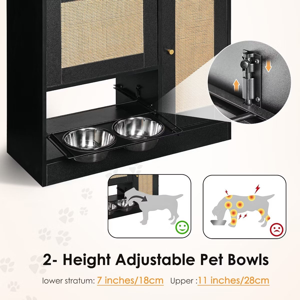 Utility Storage Cabinet with Rattan Doors and Built-In Pet Feeder