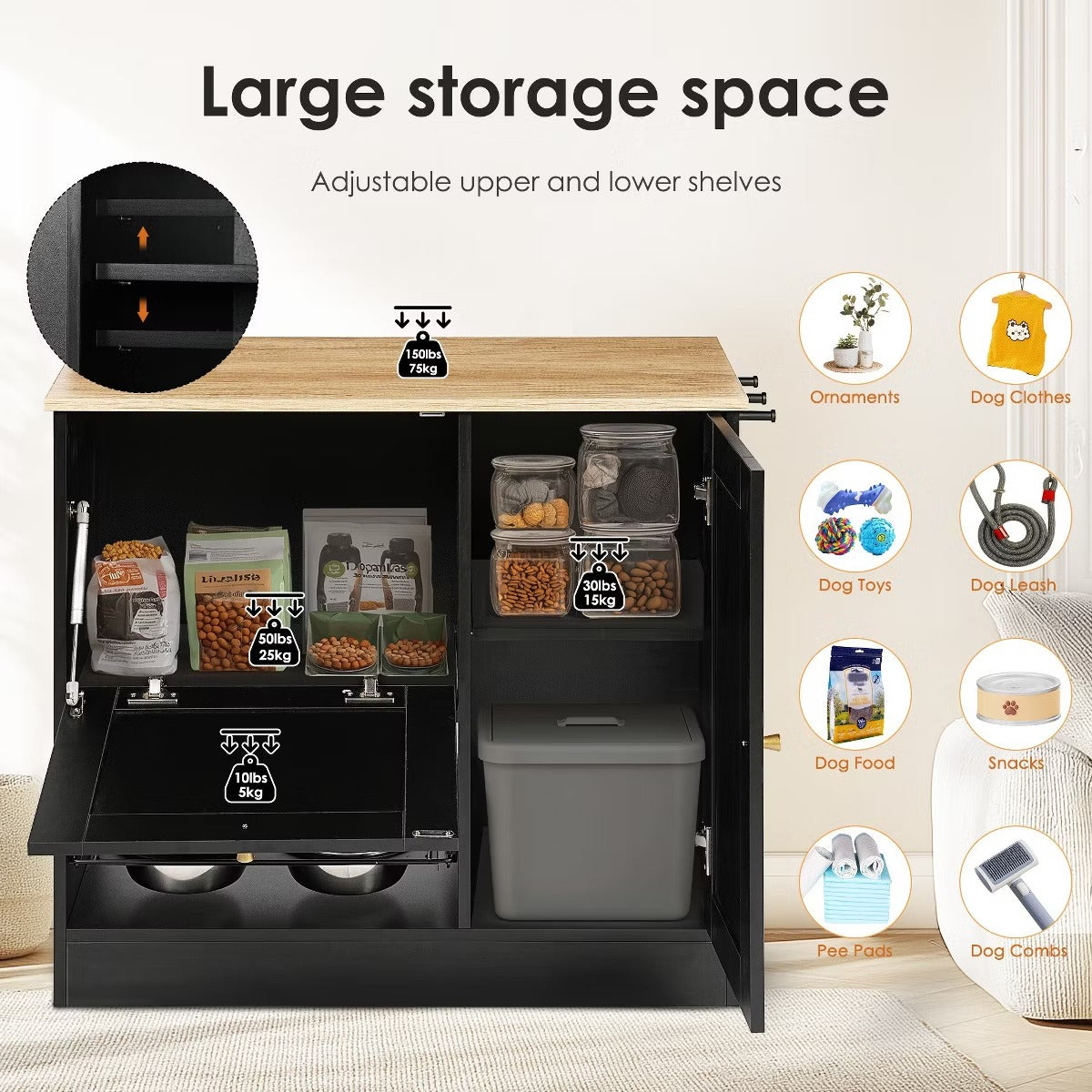 Utility Storage Cabinet with Rattan Doors and Built-In Pet Feeder