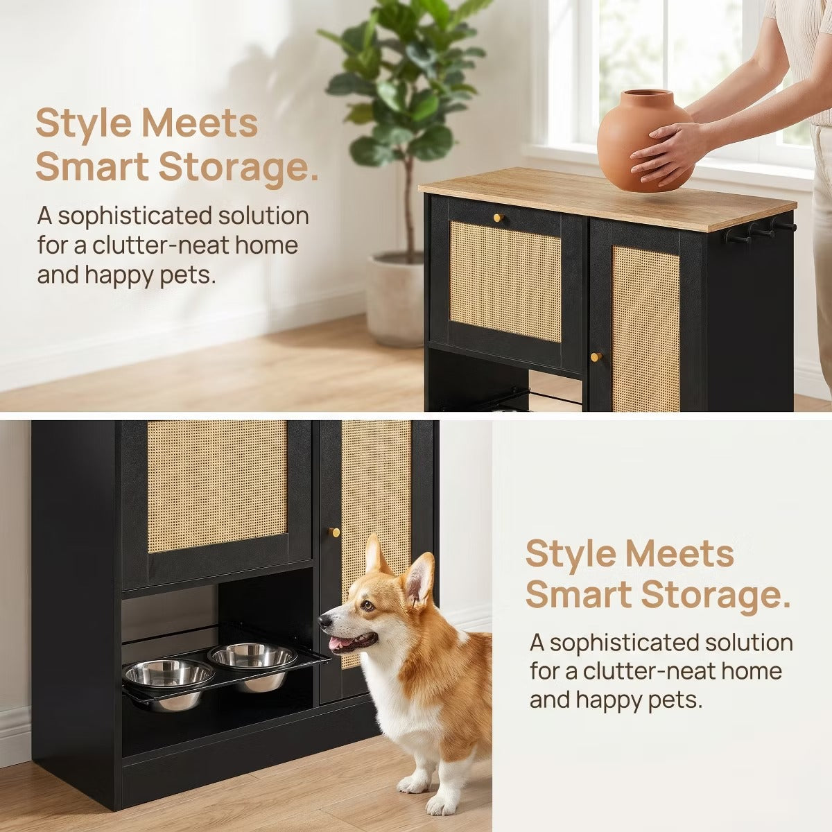 Utility Storage Cabinet with Rattan Doors and Built-In Pet Feeder