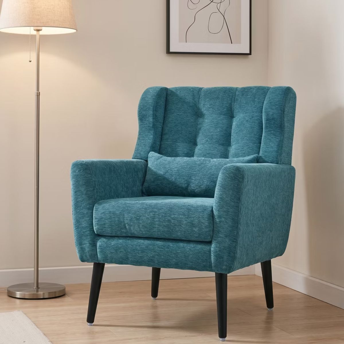 Chenille Wingback Accent Chair with Lumbar Pillow & Solid Wood Legs