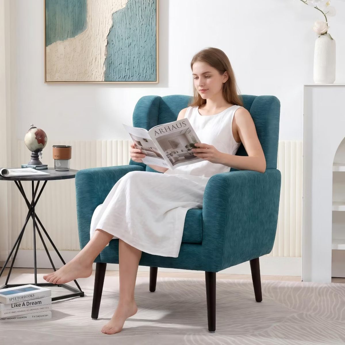 Chenille Wingback Accent Chair with Lumbar Pillow & Solid Wood Legs