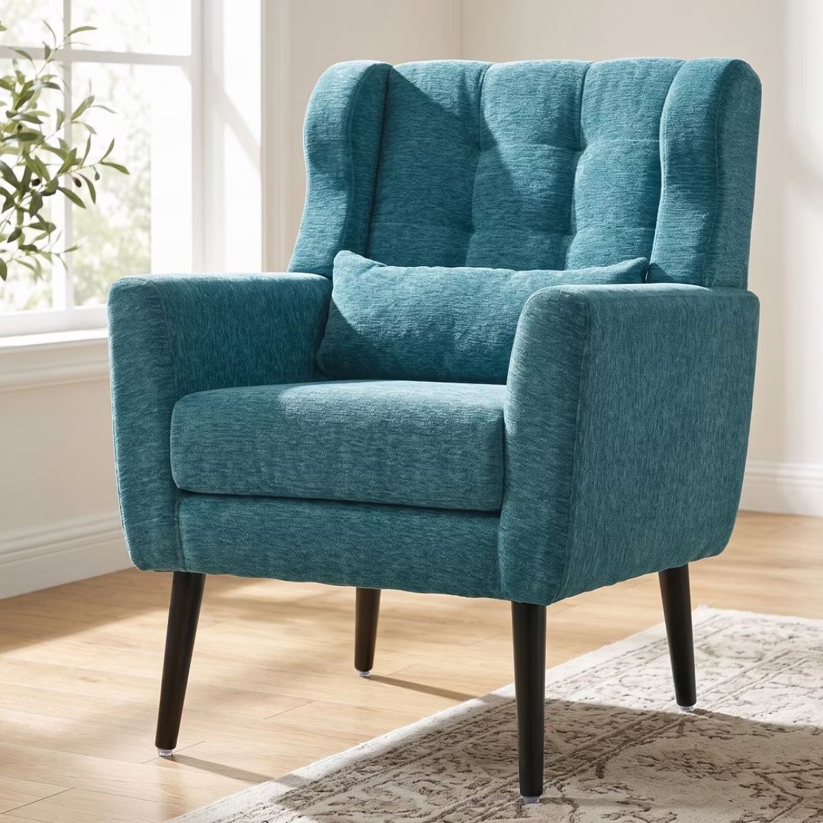 Chenille Wingback Accent Chair with Lumbar Pillow & Solid Wood Legs