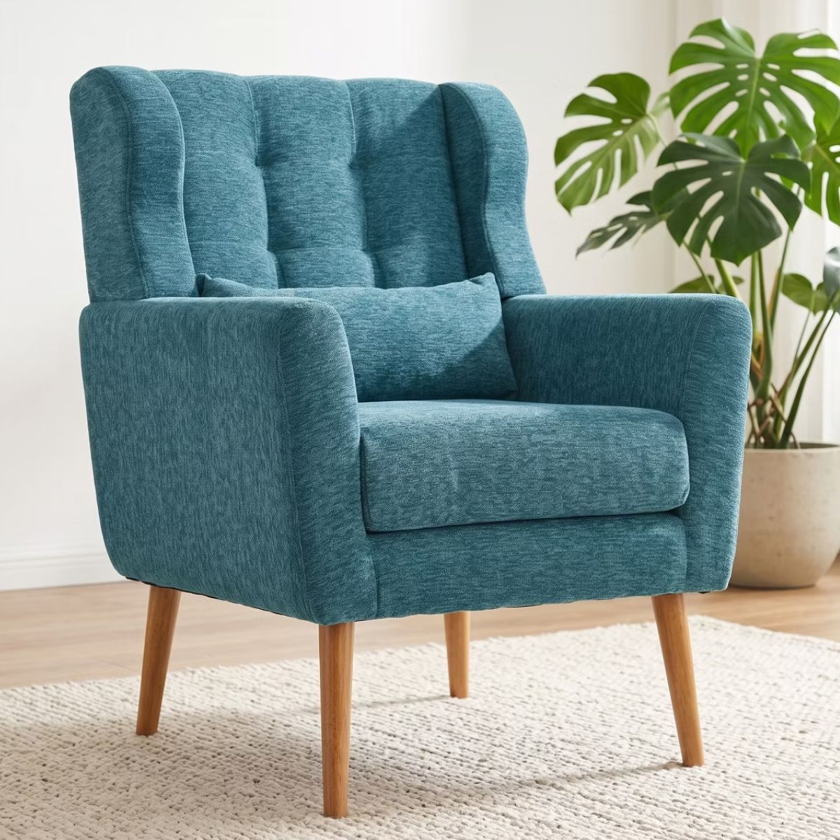 Chenille Wingback Accent Chair with Lumbar Pillow & Solid Wood Legs