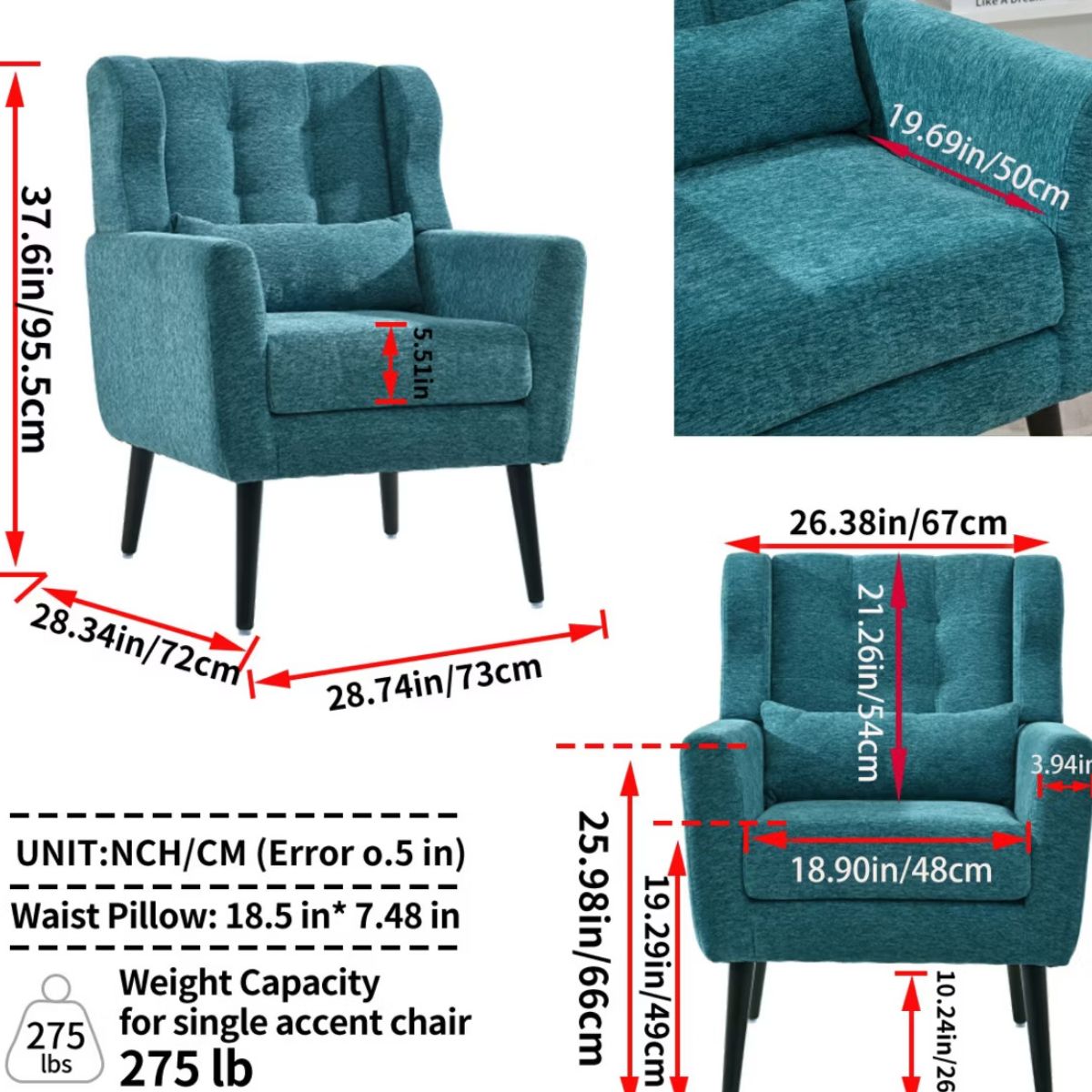 Chenille Wingback Accent Chair with Lumbar Pillow & Solid Wood Legs