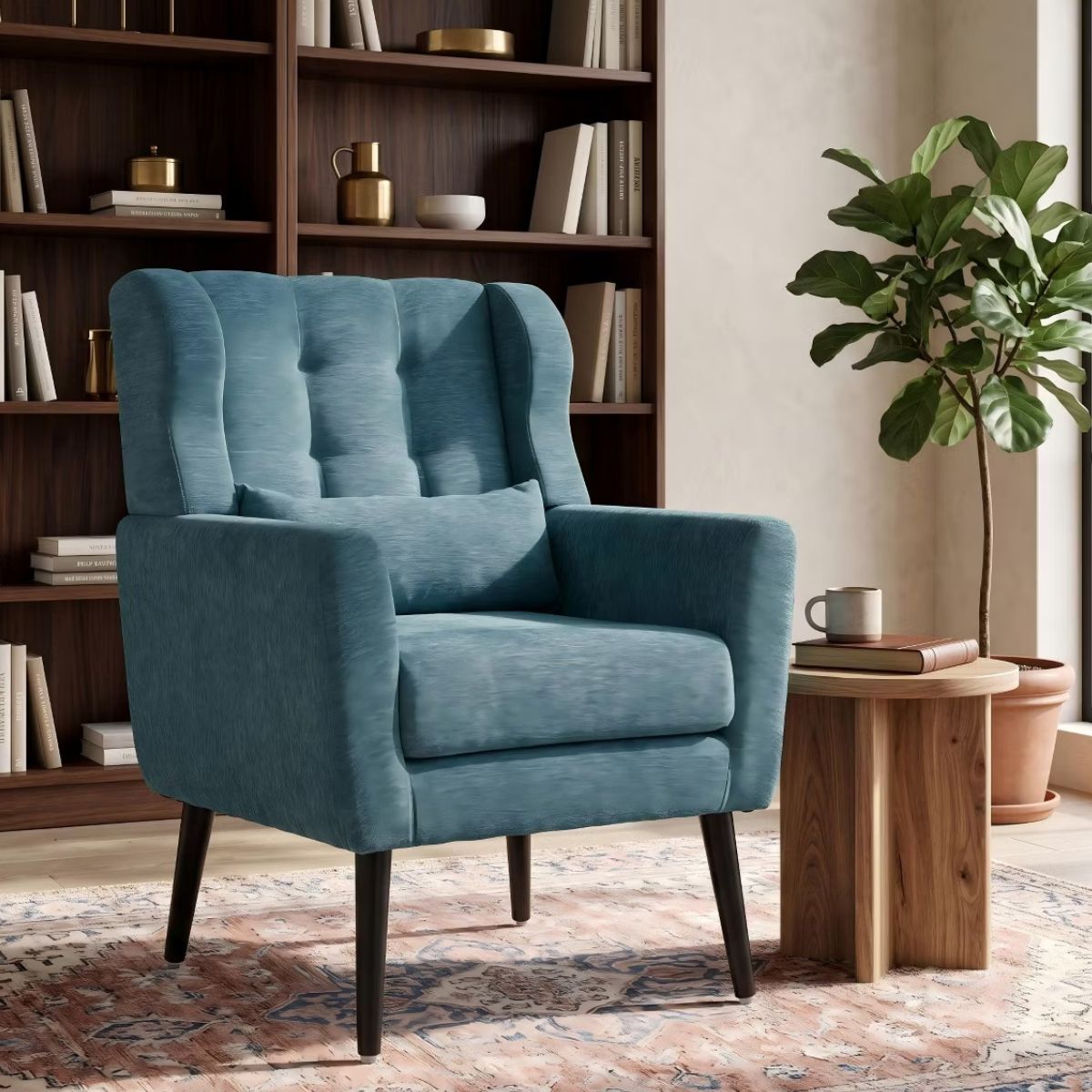 Chenille Wingback Accent Chair with Lumbar Pillow & Solid Wood Legs