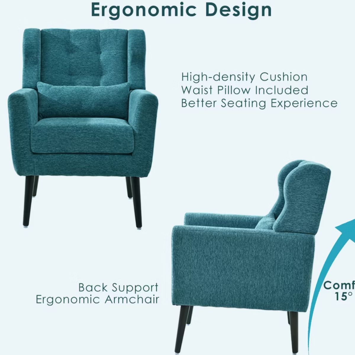 Chenille Wingback Accent Chair with Lumbar Pillow & Solid Wood Legs