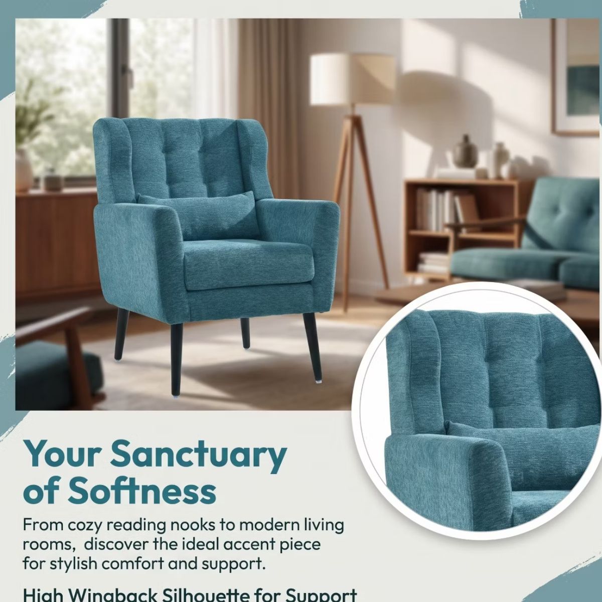Chenille Wingback Accent Chair with Lumbar Pillow & Solid Wood Legs