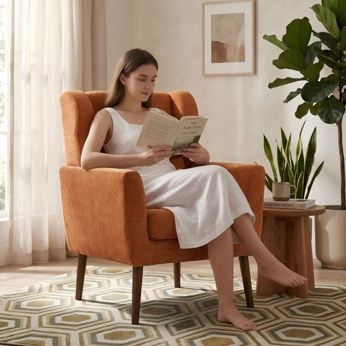 Chenille Wingback Accent Chair with Lumbar Pillow & Solid Wood Legs