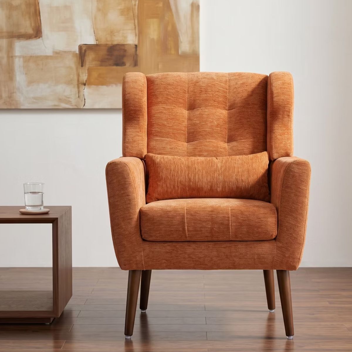 Chenille Wingback Accent Chair with Lumbar Pillow & Solid Wood Legs