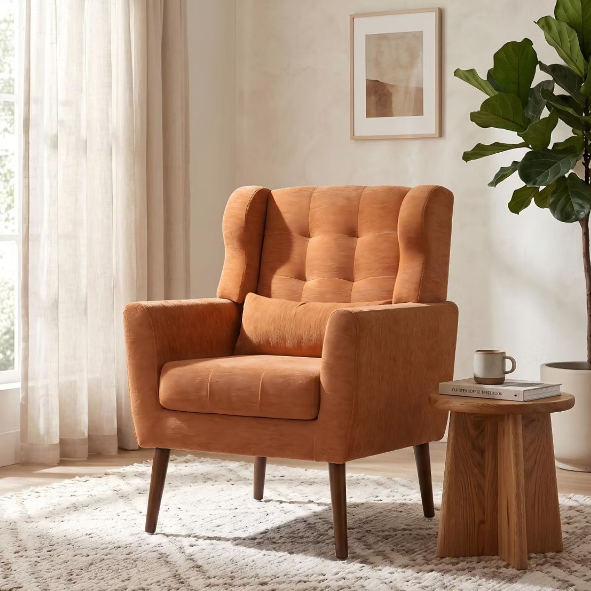 Chenille Wingback Accent Chair with Lumbar Pillow & Solid Wood Legs