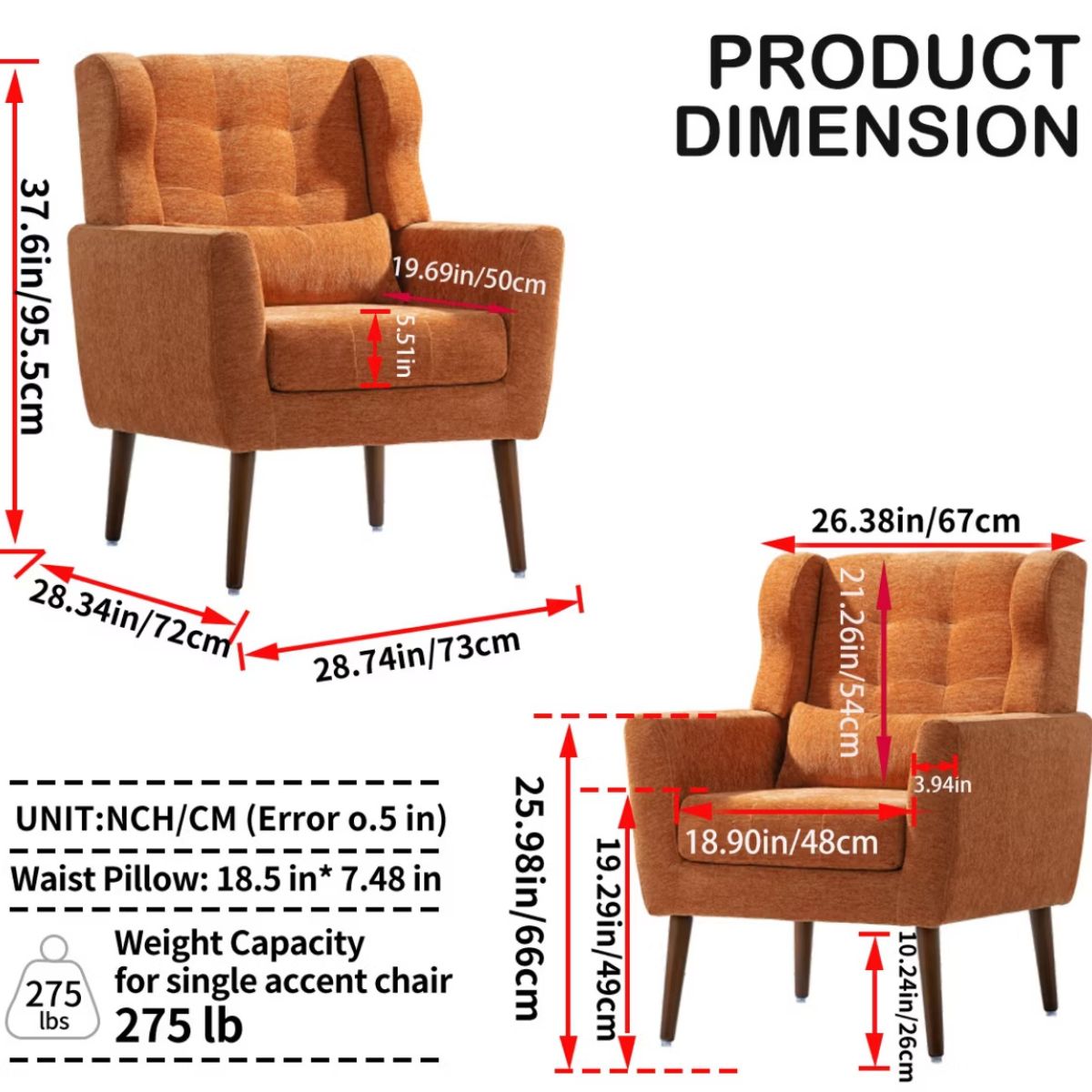 Chenille Wingback Accent Chair with Lumbar Pillow & Solid Wood Legs