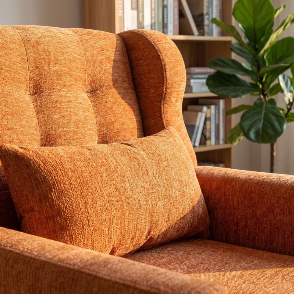 Chenille Wingback Accent Chair with Lumbar Pillow & Solid Wood Legs