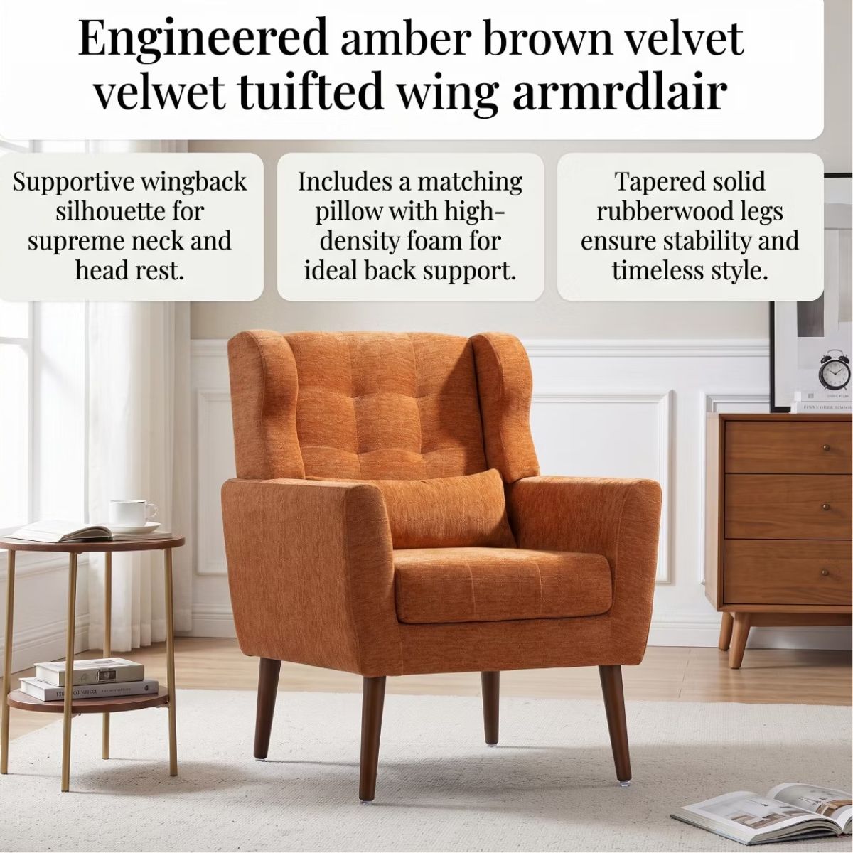 Chenille Wingback Accent Chair with Lumbar Pillow & Solid Wood Legs