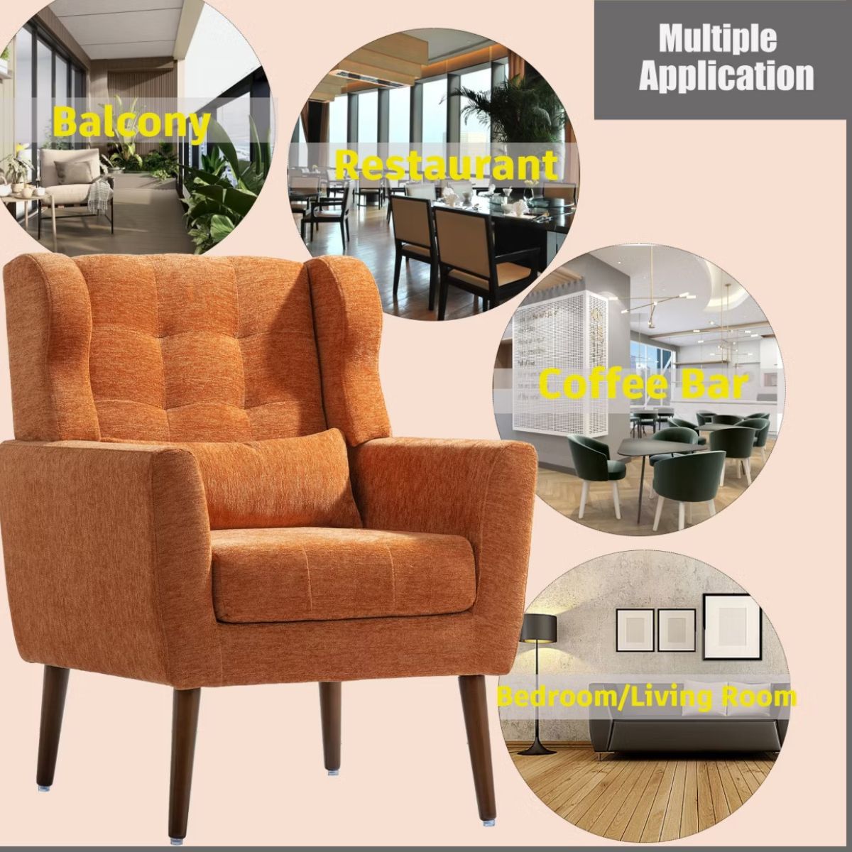 Chenille Wingback Accent Chair with Lumbar Pillow & Solid Wood Legs