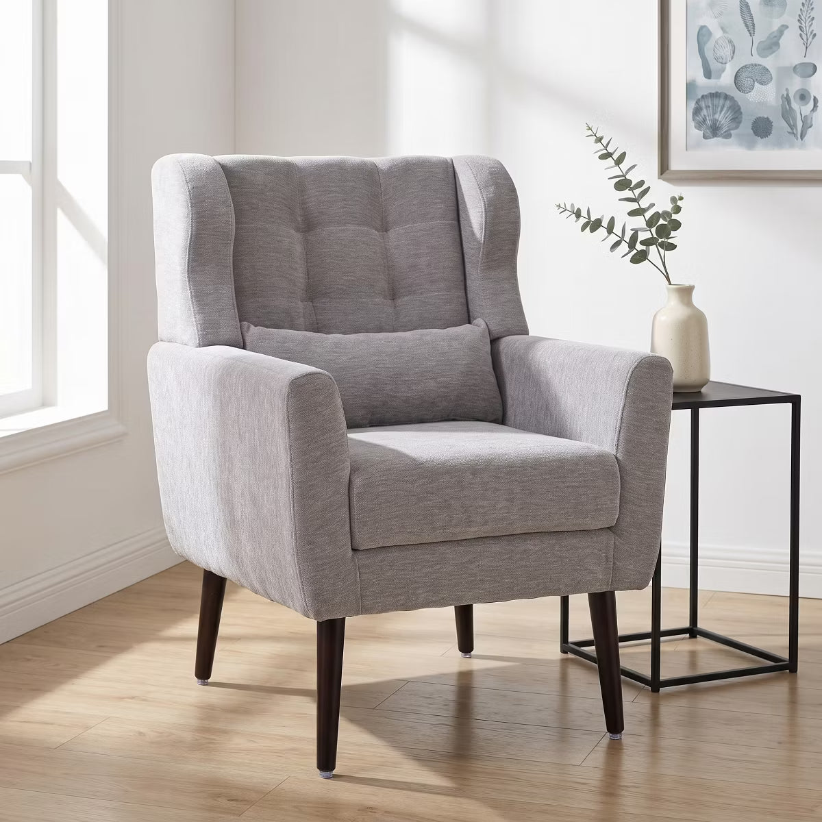 Chenille Wingback Accent Chair with Lumbar Pillow & Solid Wood Legs
