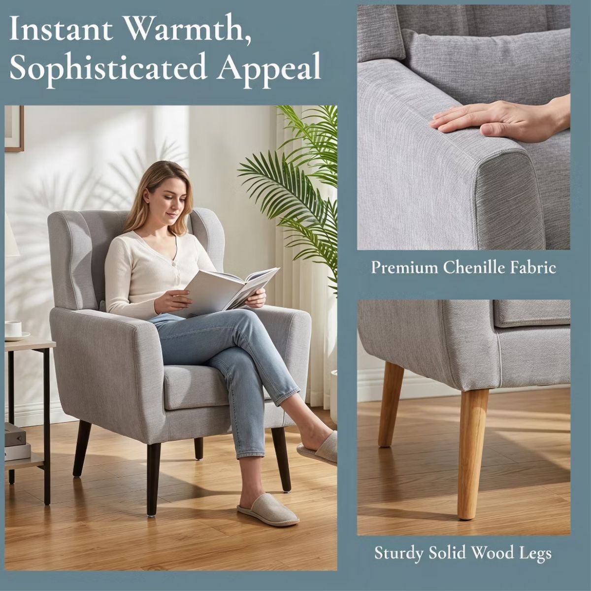 Chenille Wingback Accent Chair with Lumbar Pillow & Solid Wood Legs
