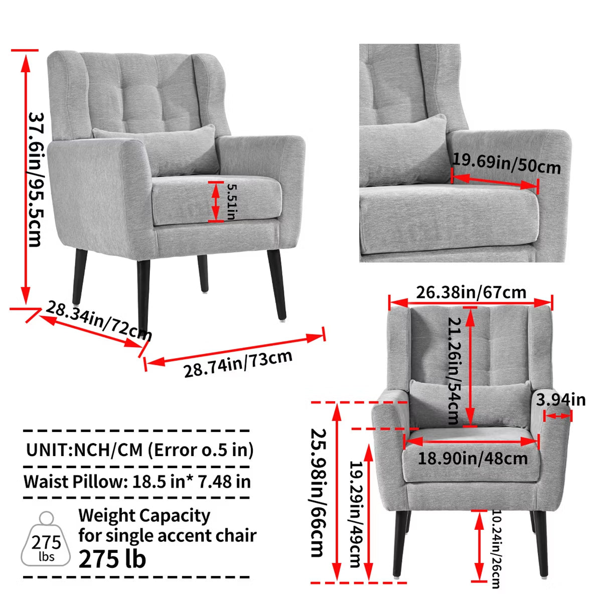 Chenille Wingback Accent Chair with Lumbar Pillow & Solid Wood Legs