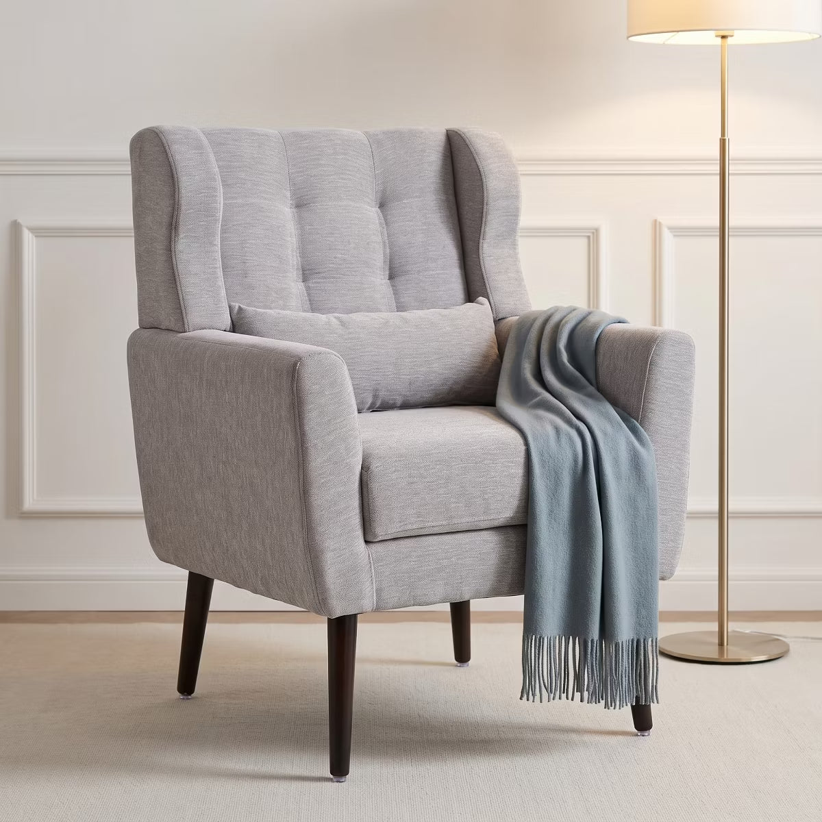Chenille Wingback Accent Chair with Lumbar Pillow & Solid Wood Legs