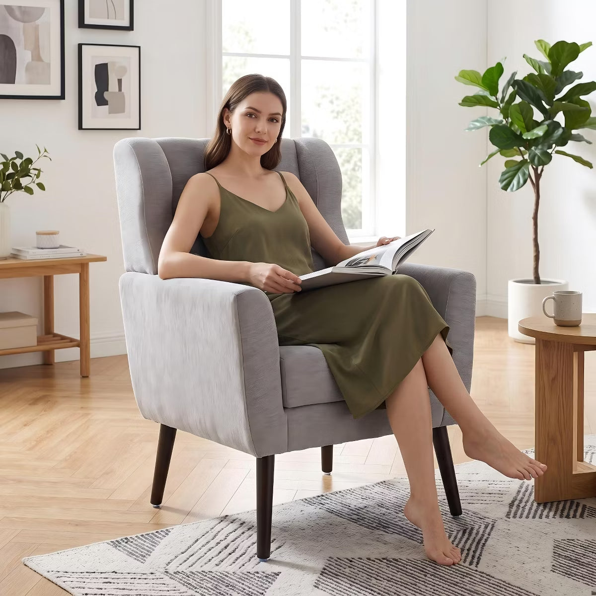 Chenille Wingback Accent Chair with Lumbar Pillow & Solid Wood Legs