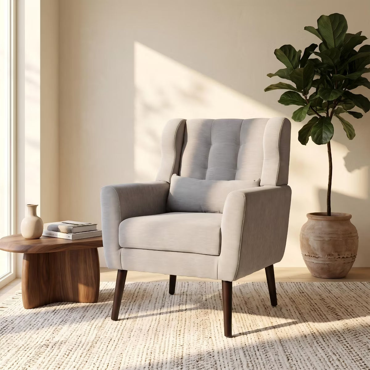 Chenille Wingback Accent Chair with Lumbar Pillow & Solid Wood Legs