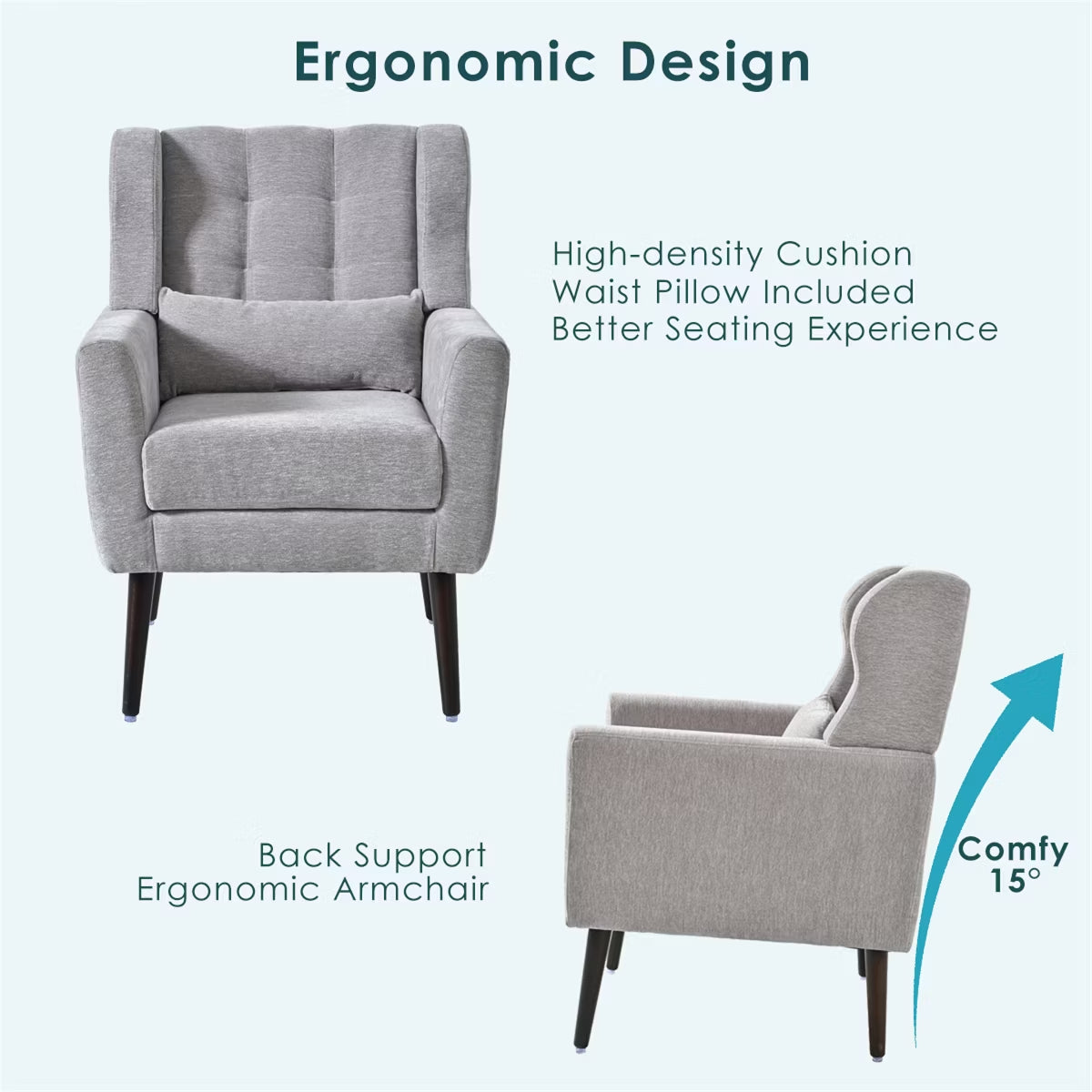 Chenille Wingback Accent Chair with Lumbar Pillow & Solid Wood Legs