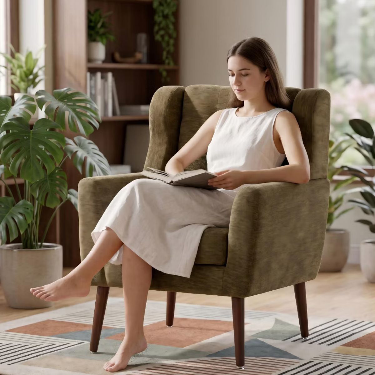 Chenille Wingback Accent Chair with Lumbar Pillow & Solid Wood Legs