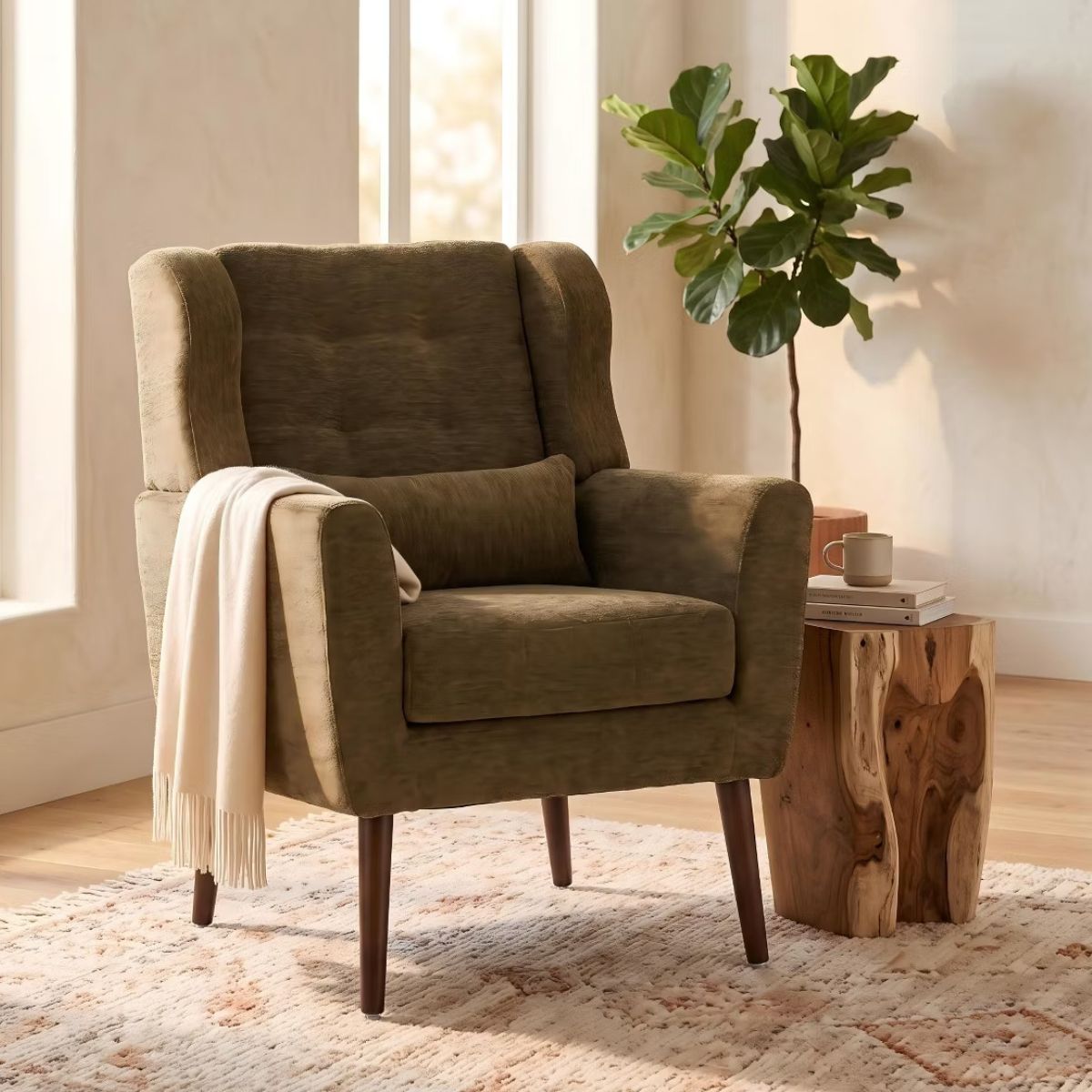 Chenille Wingback Accent Chair with Lumbar Pillow & Solid Wood Legs