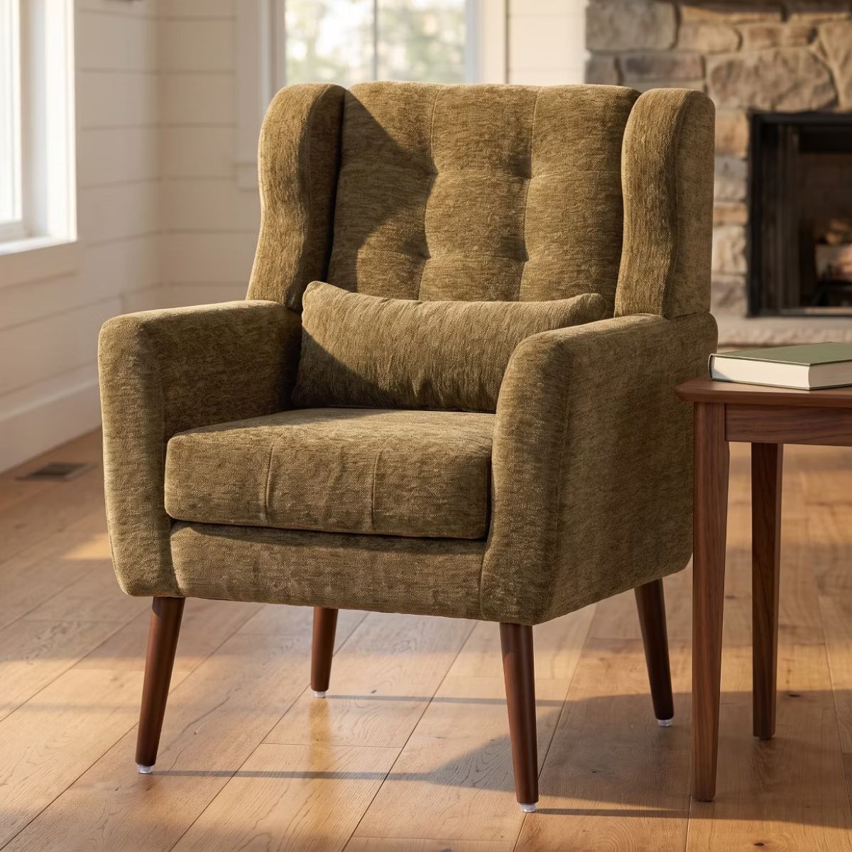 Chenille Wingback Accent Chair with Lumbar Pillow & Solid Wood Legs