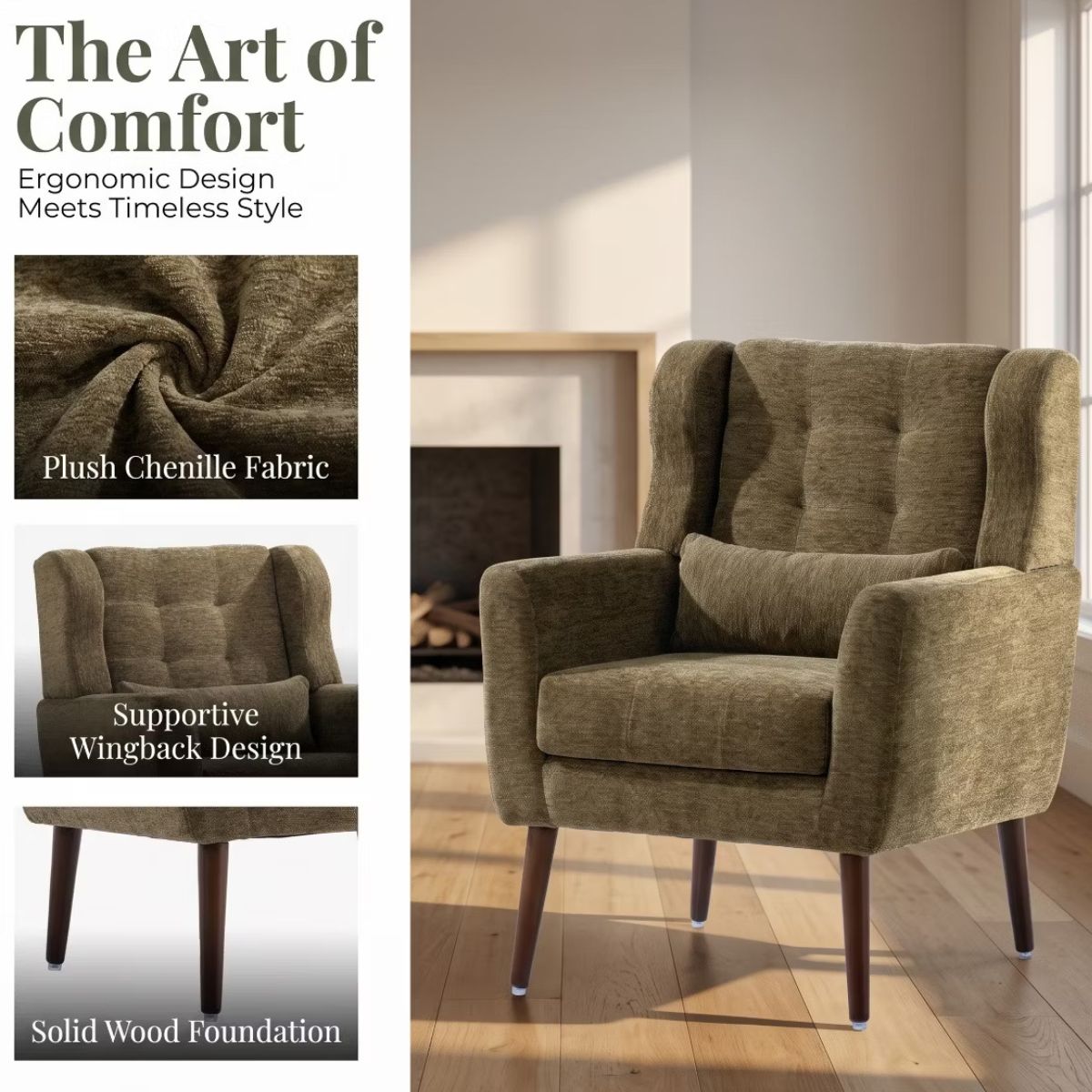 Chenille Wingback Accent Chair with Lumbar Pillow & Solid Wood Legs