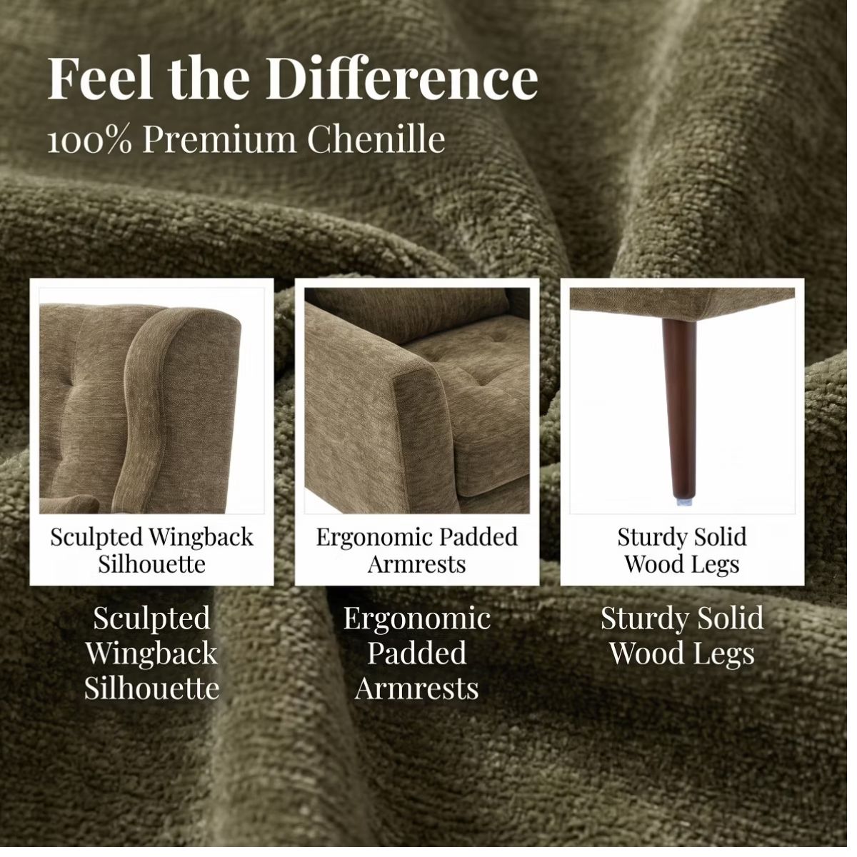 Chenille Wingback Accent Chair with Lumbar Pillow & Solid Wood Legs
