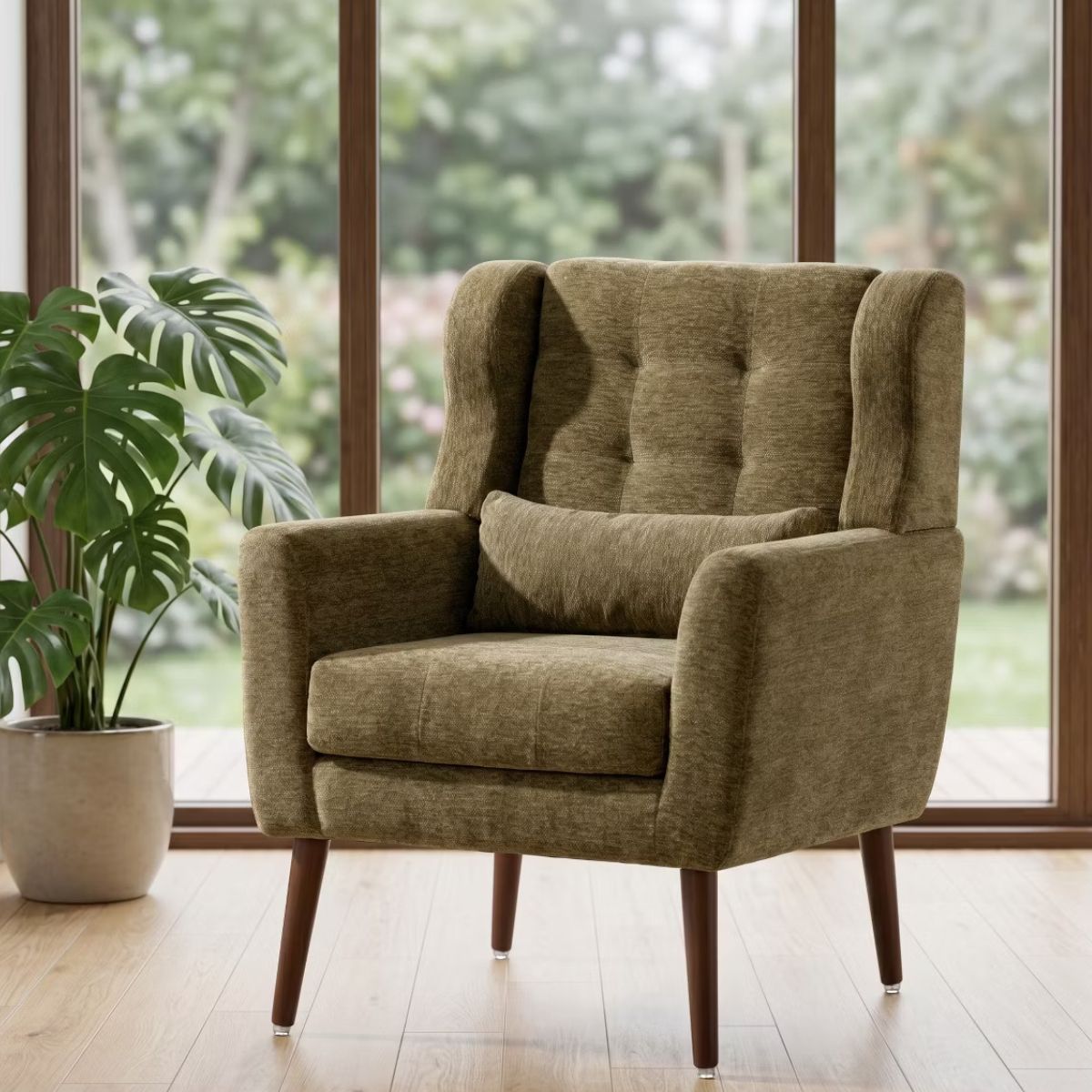 Chenille Wingback Accent Chair with Lumbar Pillow & Solid Wood Legs