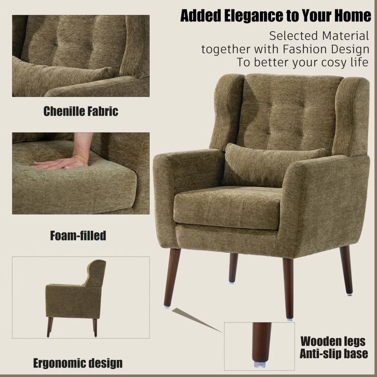 Chenille Wingback Accent Chair with Lumbar Pillow & Solid Wood Legs