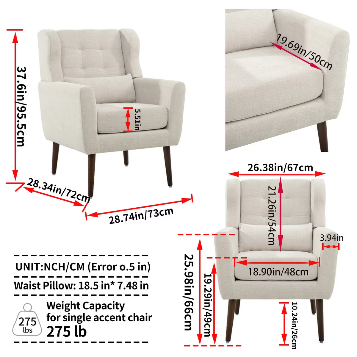 Chenille Wingback Accent Chair with Lumbar Pillow & Solid Wood Legs