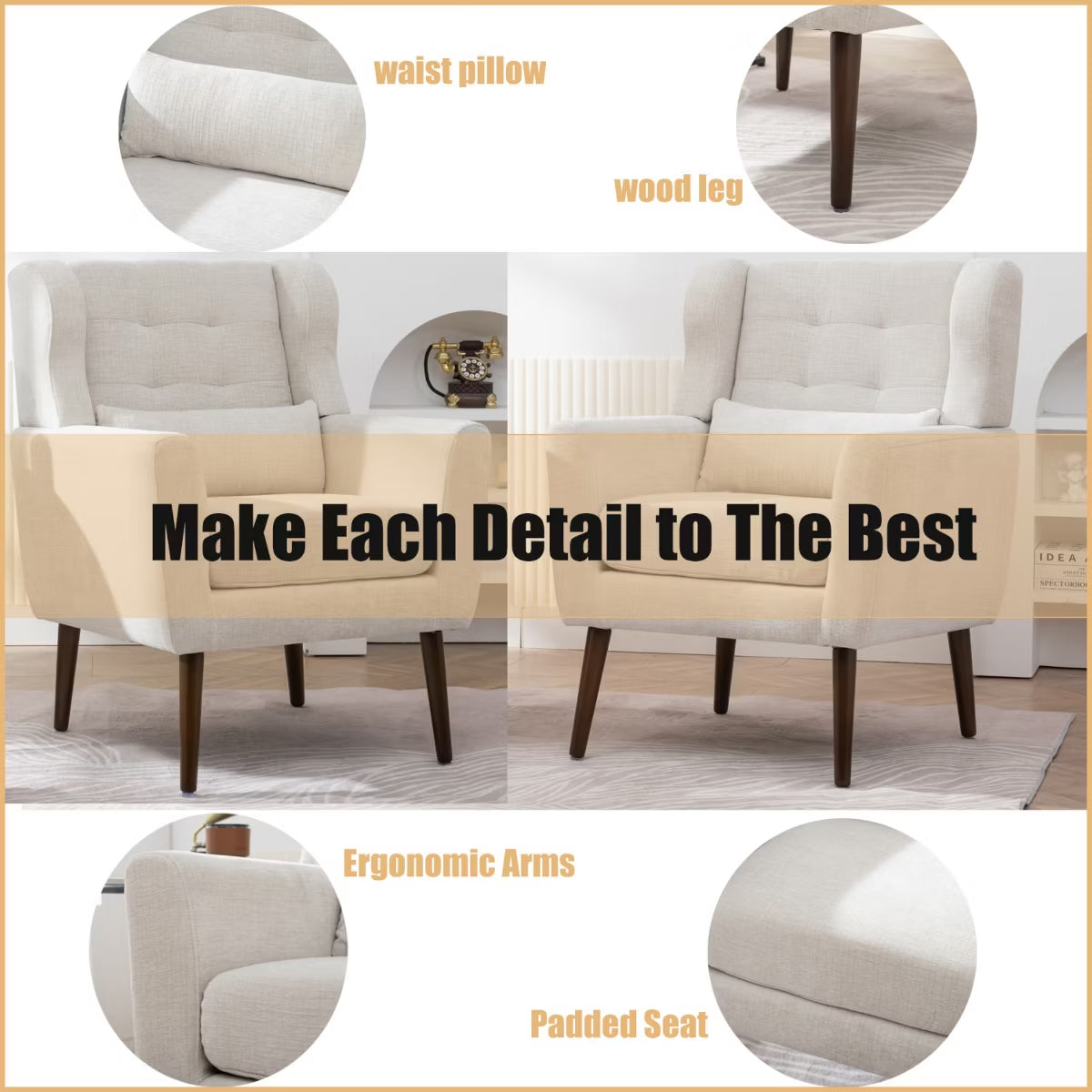 Chenille Wingback Accent Chair with Lumbar Pillow & Solid Wood Legs