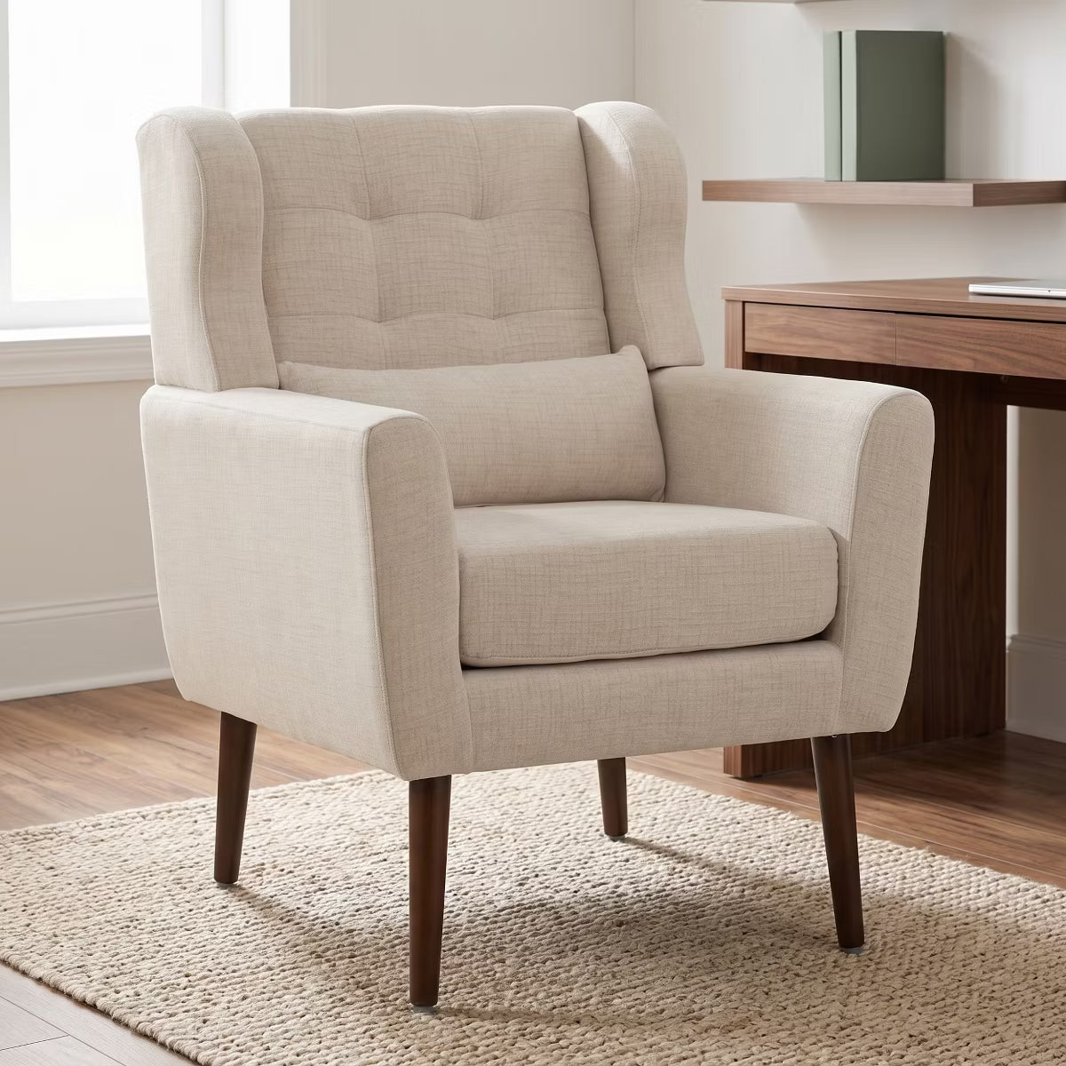 Chenille Wingback Accent Chair with Lumbar Pillow & Solid Wood Legs