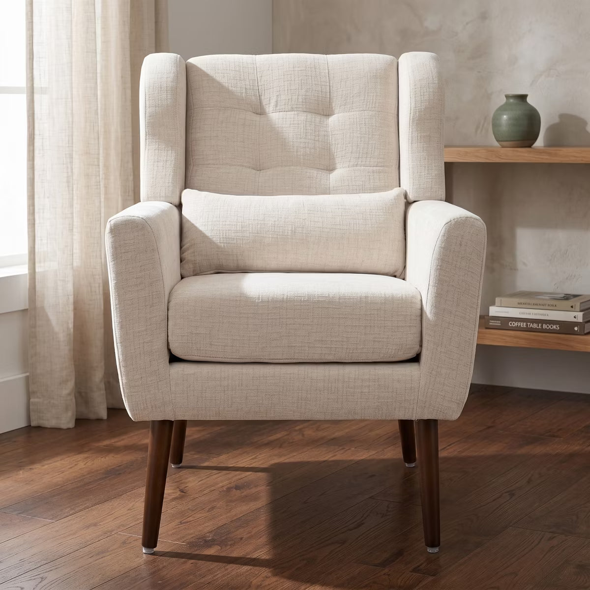 Chenille Wingback Accent Chair with Lumbar Pillow & Solid Wood Legs