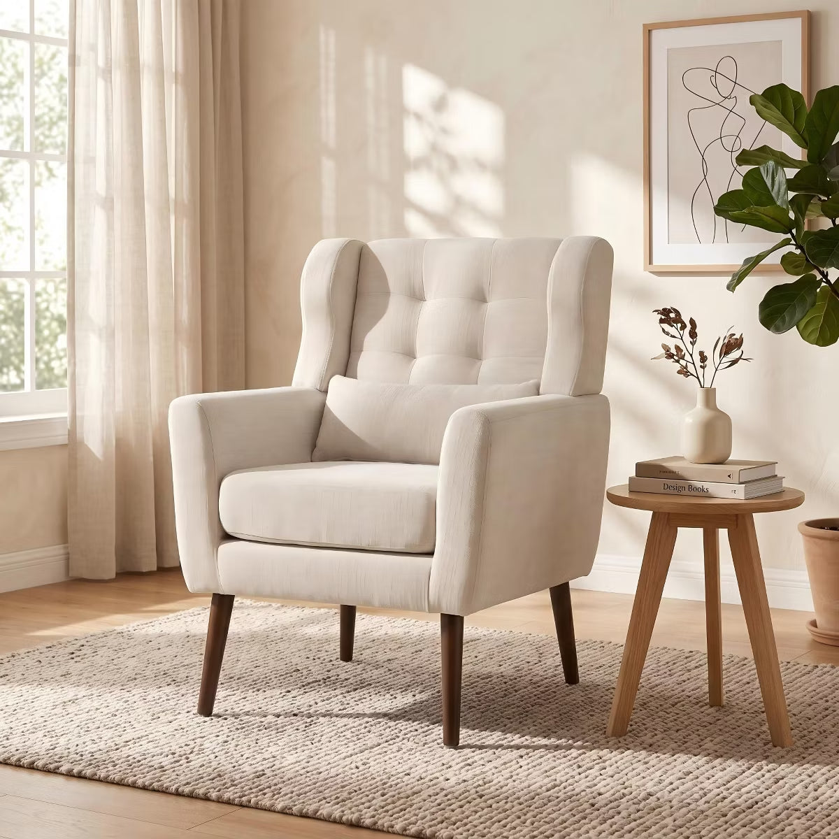 Chenille Wingback Accent Chair with Lumbar Pillow & Solid Wood Legs