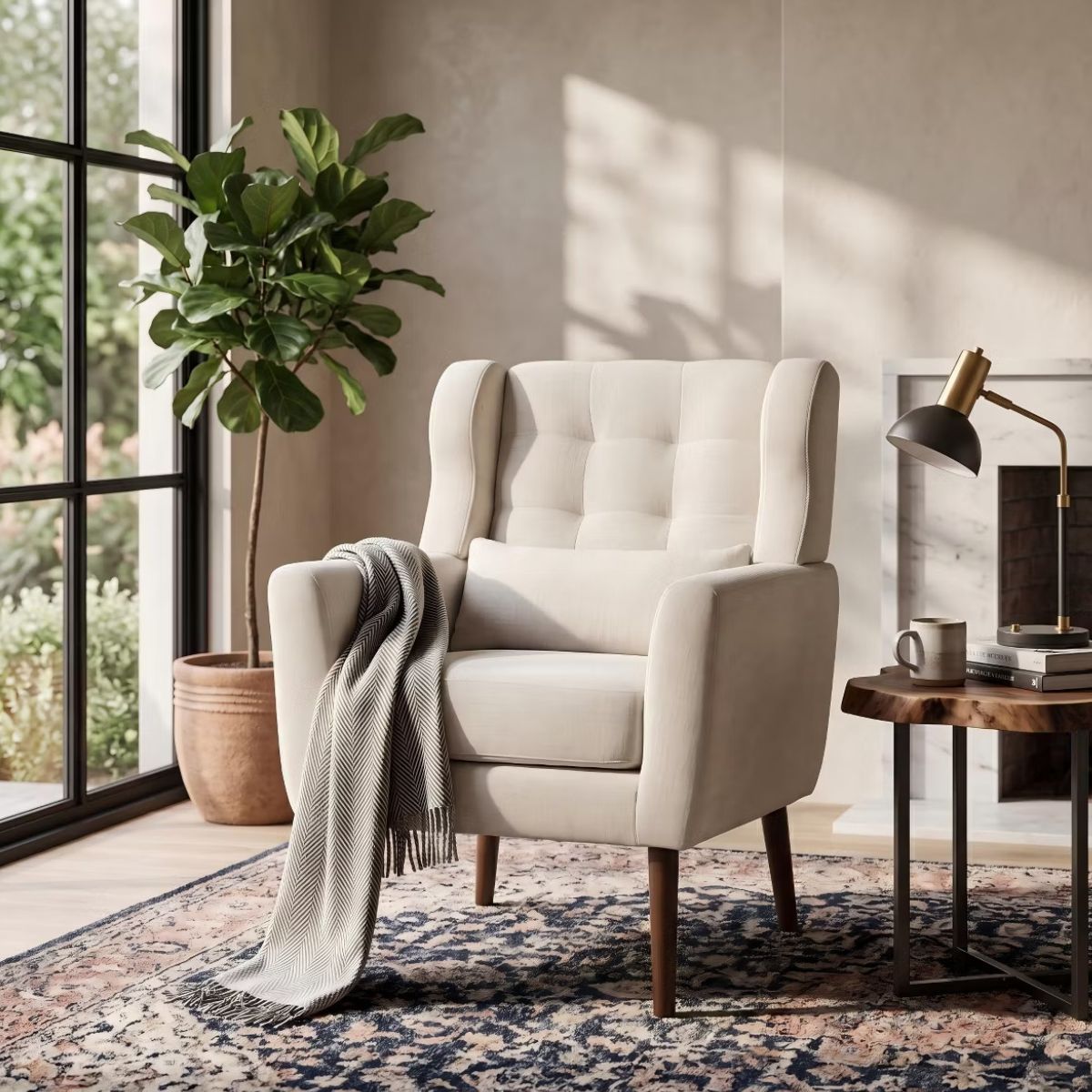 Chenille Wingback Accent Chair with Lumbar Pillow & Solid Wood Legs