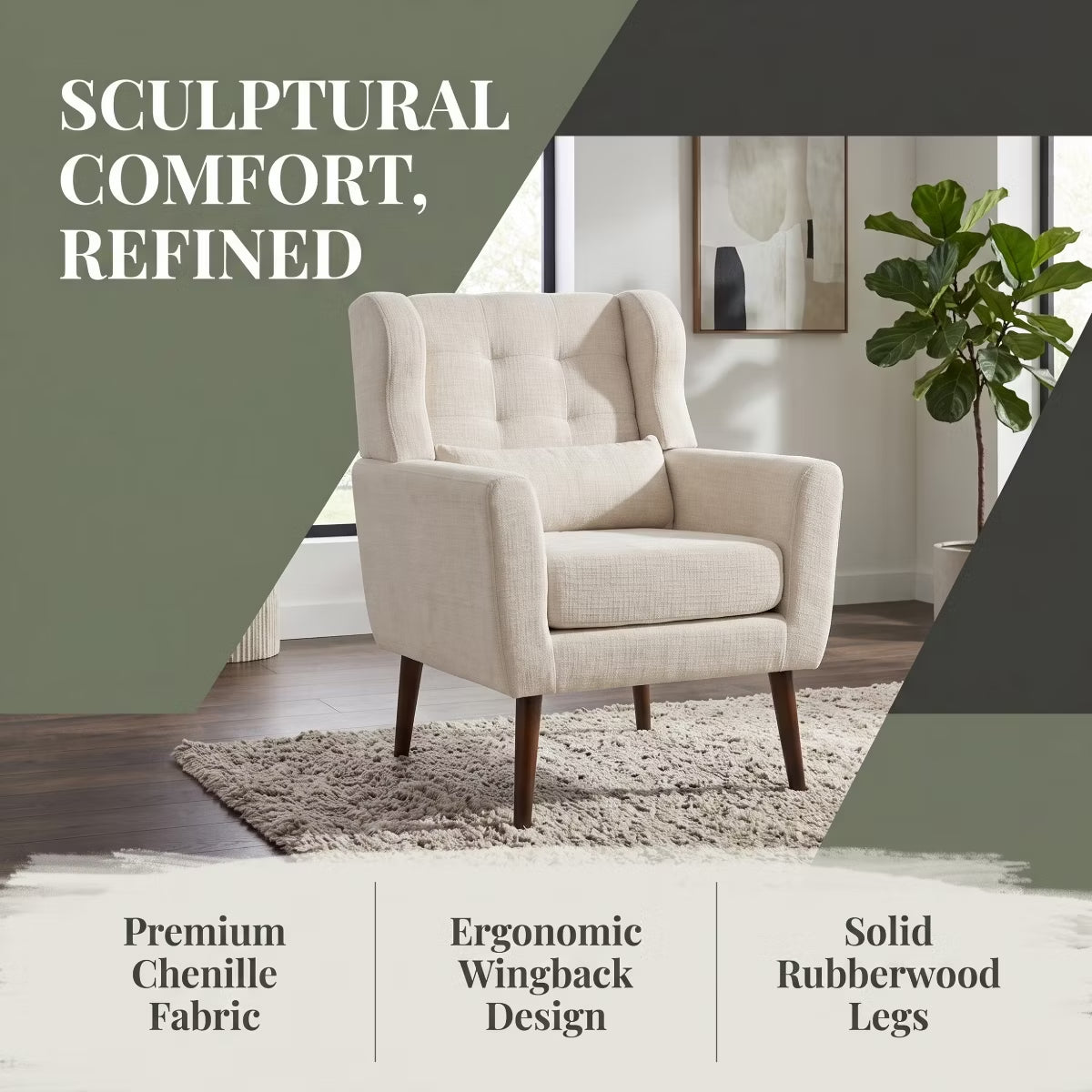 Chenille Wingback Accent Chair with Lumbar Pillow & Solid Wood Legs