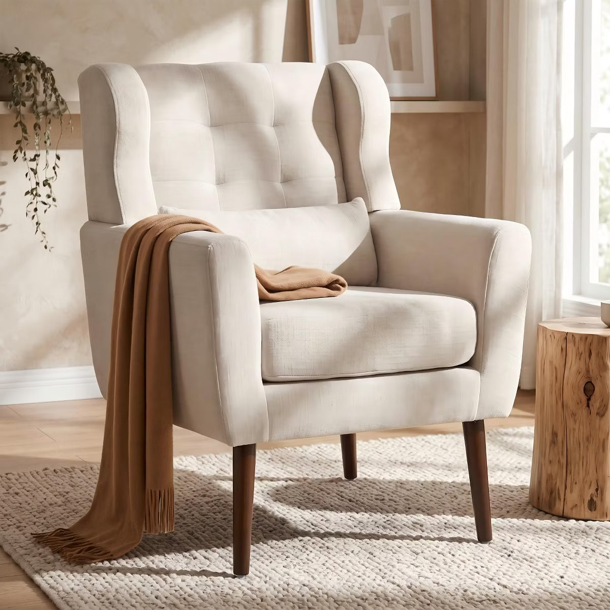 Chenille Wingback Accent Chair with Lumbar Pillow & Solid Wood Legs