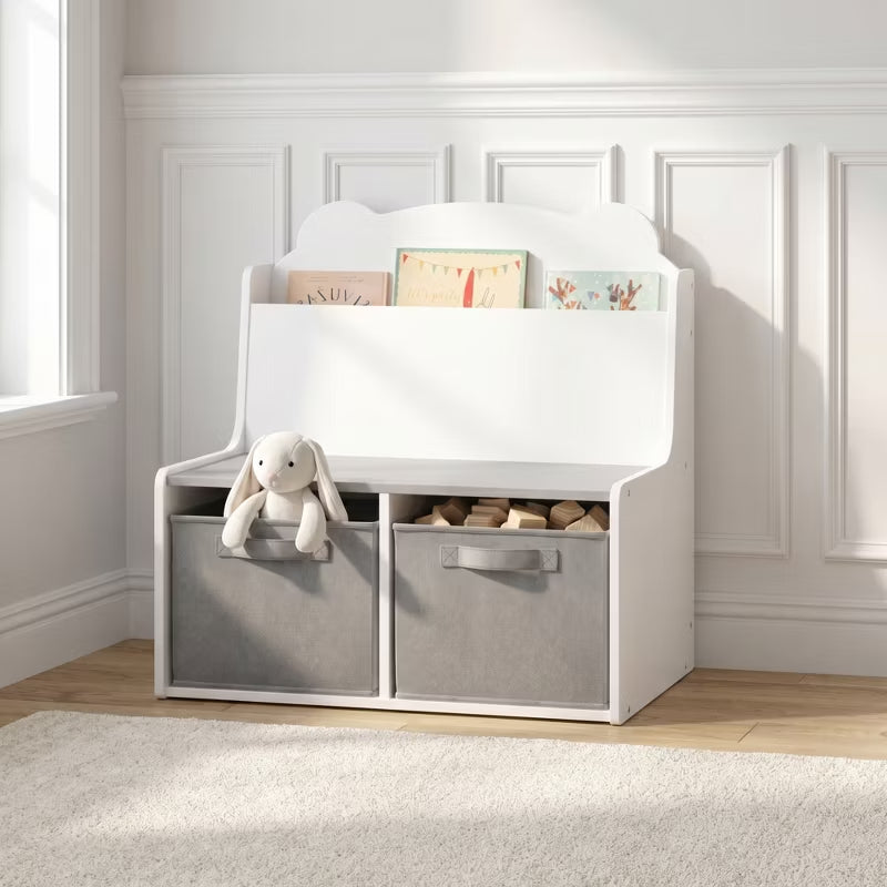 Kids Wooden Bookshelf with Fabric Storage Bins for Nursery & Playroom