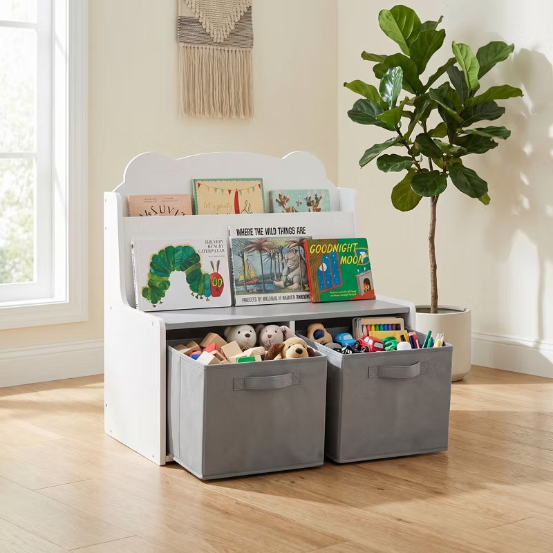 Kids Wooden Bookshelf with Fabric Storage Bins for Nursery & Playroom