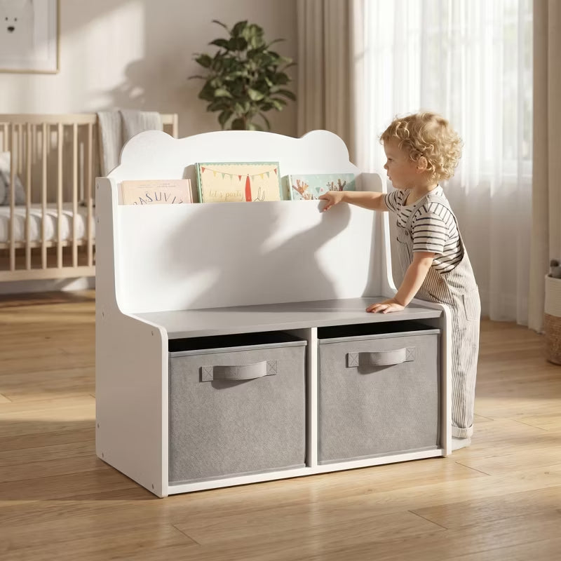 Kids Wooden Bookshelf with Fabric Storage Bins for Nursery & Playroom