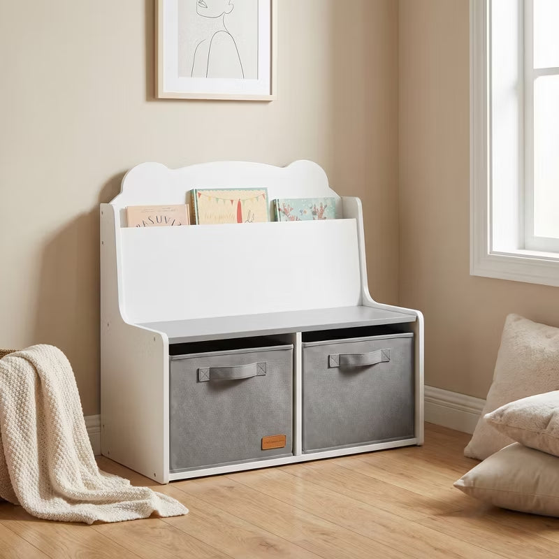 Kids Wooden Bookshelf with Fabric Storage Bins for Nursery & Playroom