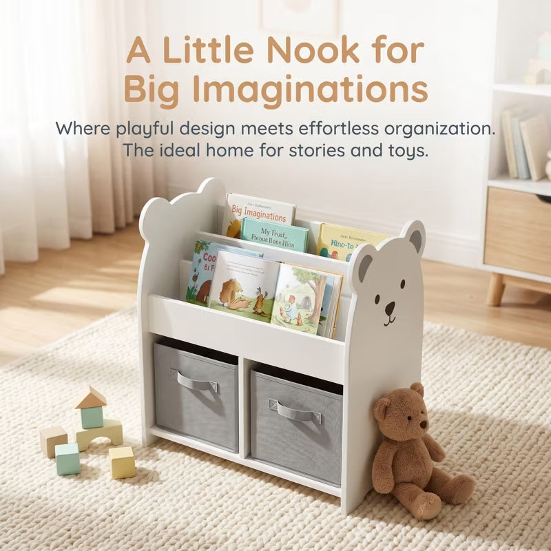 Kids Wooden Bookshelf with Fabric Storage Bins for Nursery & Playroom