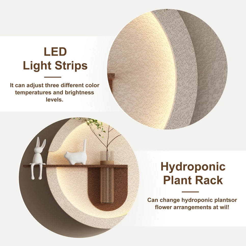 LED 3D Sandstone Wall Art: Illuminated Disc Sculpture with Glass Vase