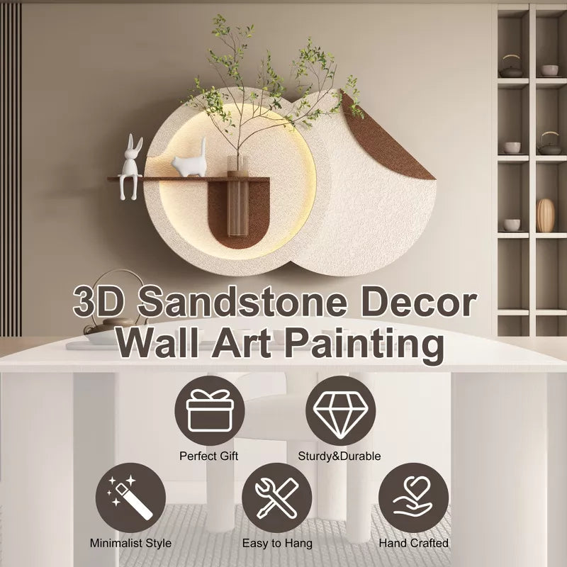 LED 3D Sandstone Wall Art: Illuminated Disc Sculpture with Glass Vase